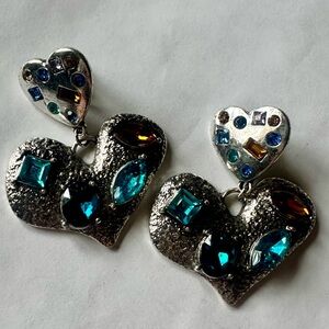 Free People Silver Heart Earrings with Blue and Brown Gems